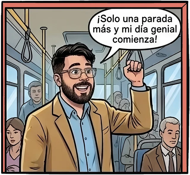 Viñeta: Gael en el autobús dice: ¡Solo una parada más y mi día genial comienza!
