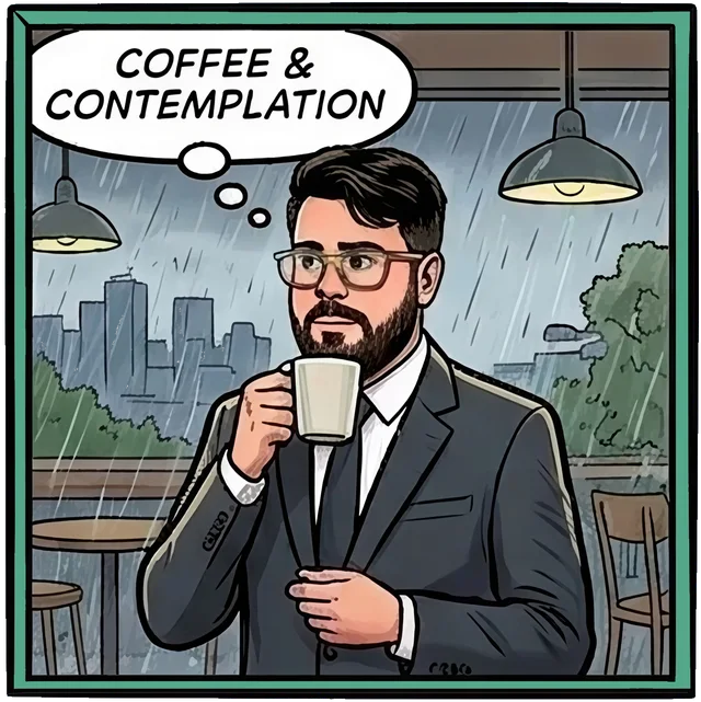 Viñeta: Gael toma un café junto a una ventana lluviosa y piensa: café y contemplación.