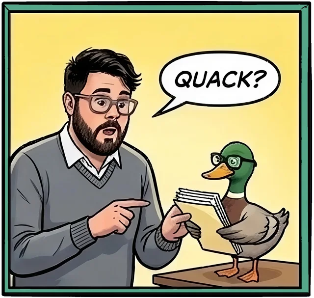 Viñeta: Gael entrega un montón de papeles a un pato con gafas, que dice: ¿cuac?